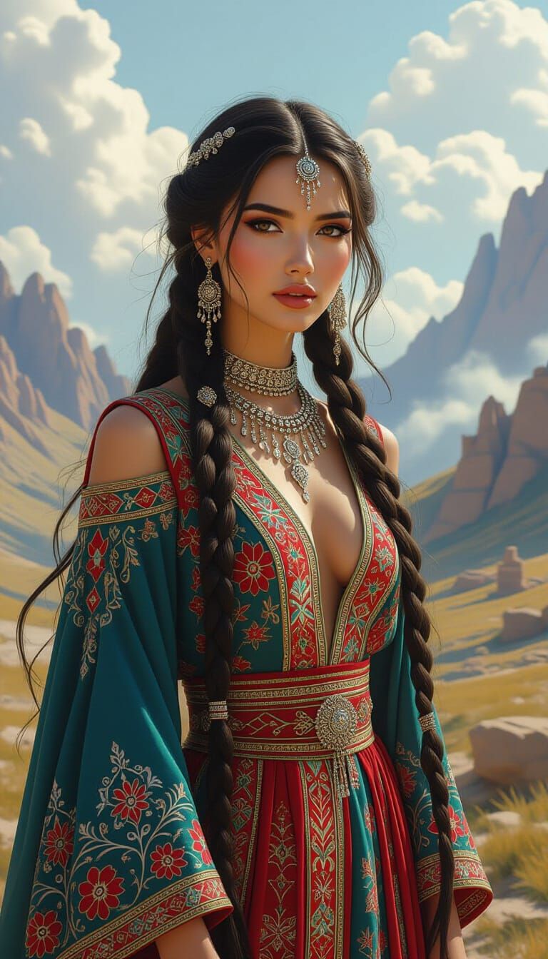 Central Asian Woman in Dreamlike Landscape