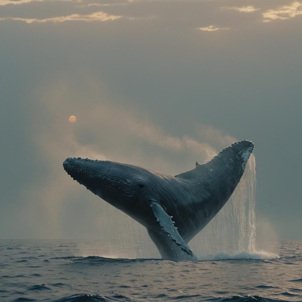 Blue Whale Breaching in Ghibli-Inspired Golden Hour