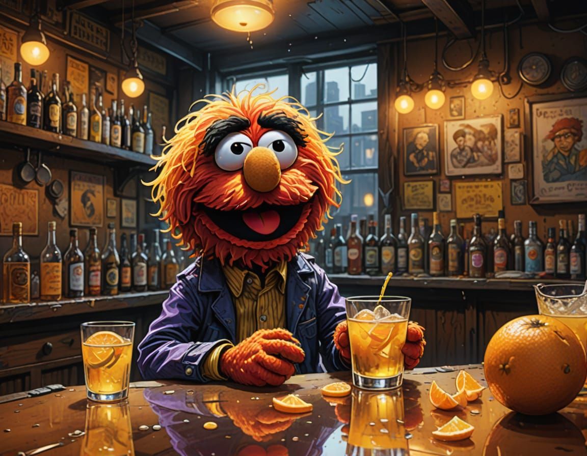 Muppet Bartender Enjoying a Tequila Cocktail in a Smoky Bar