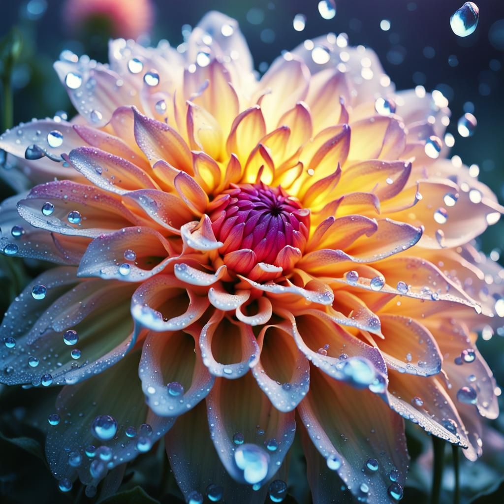 Luminous Dahlia Flower with Water Droplets