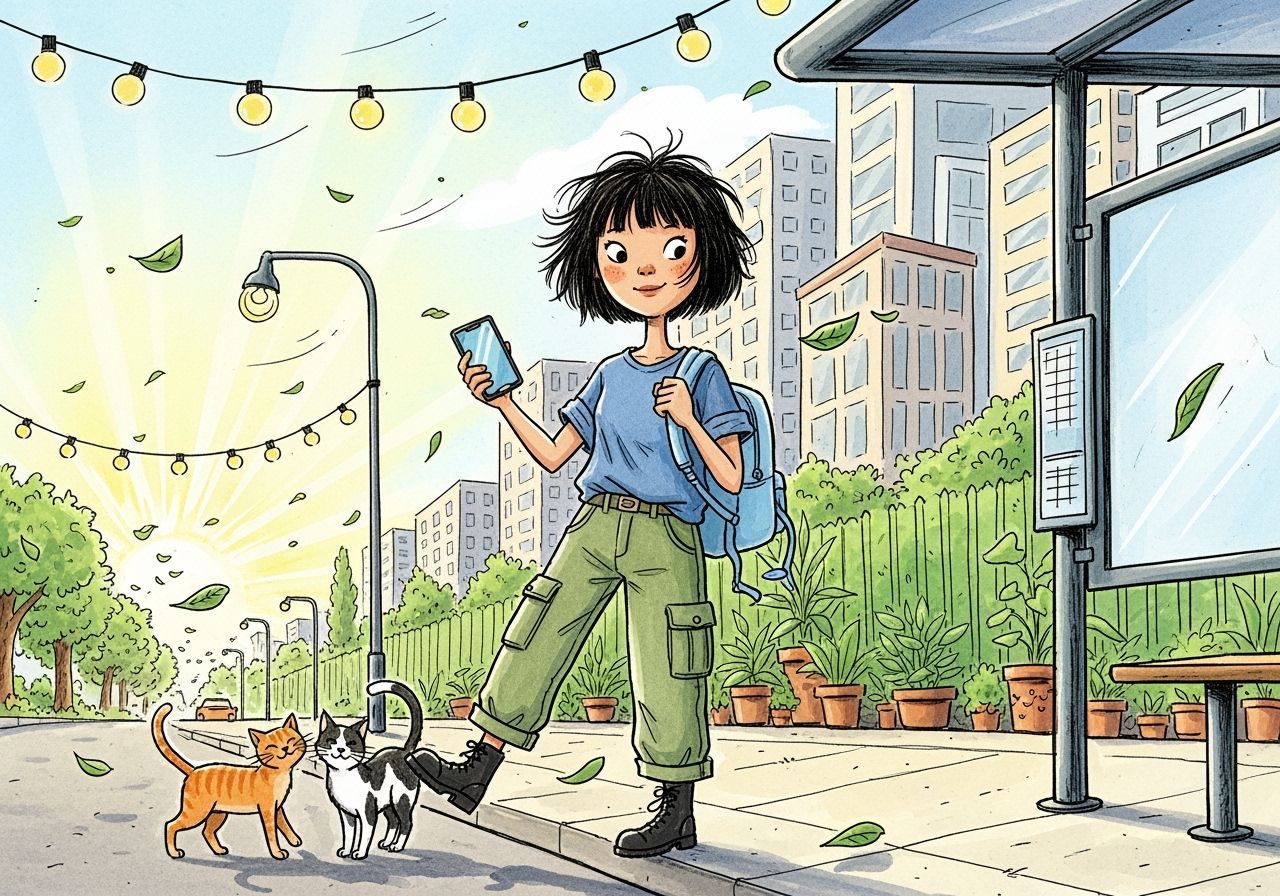 Girl with Cats at Bus Stop in Vibrant Cartoon Style