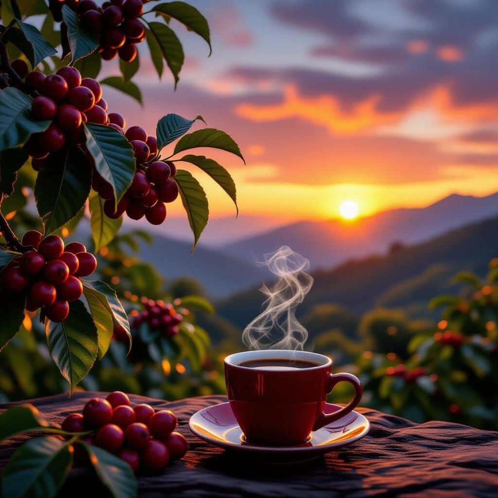 Coffee Tree at Sunset in Mountains with Aromatic Brew
