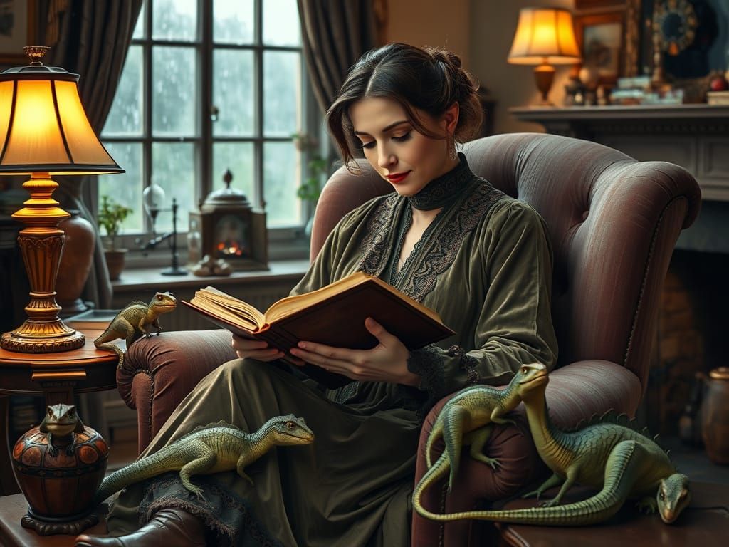 Lady in Velvet Robe Reads by Crackling Fireplace