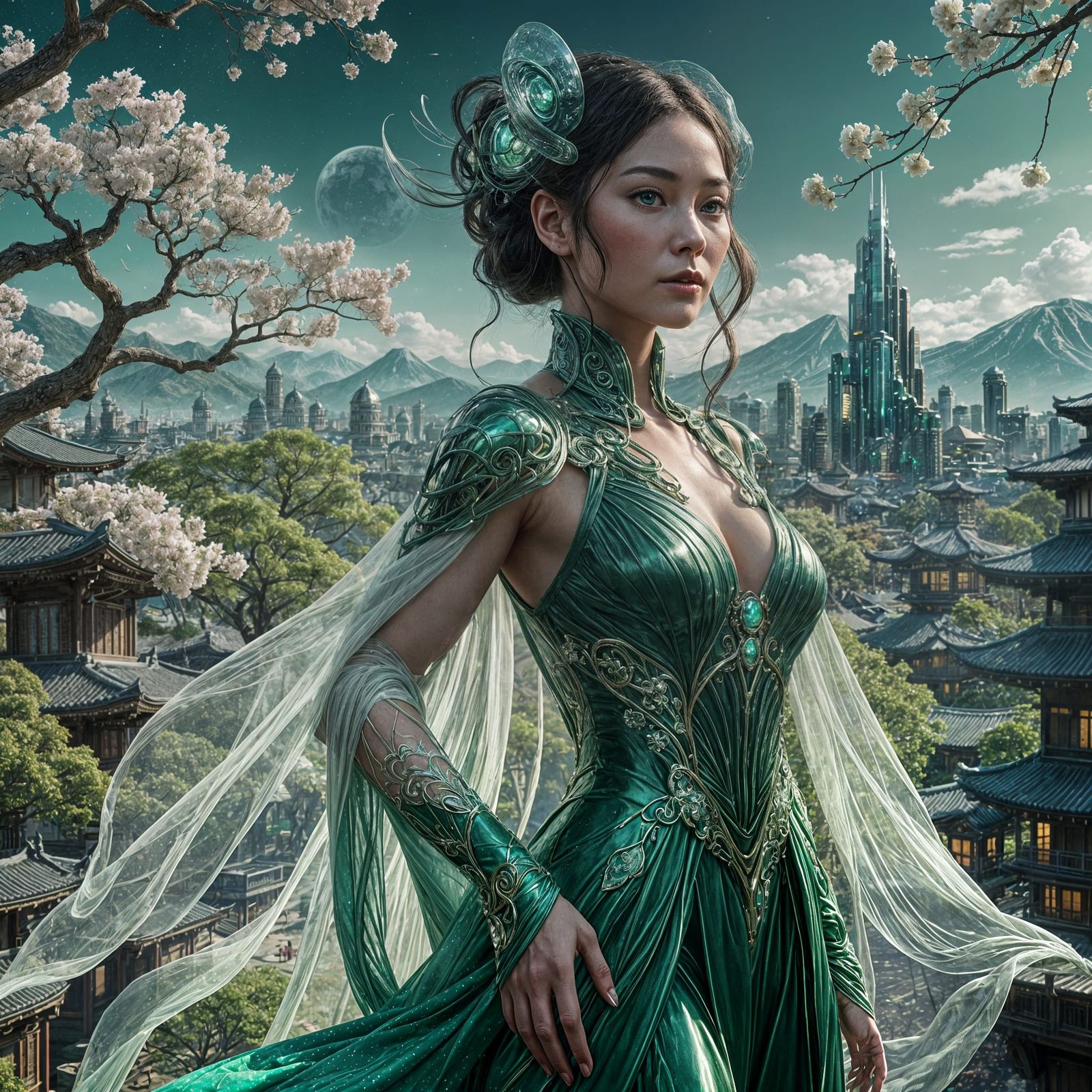 Alien Woman in Sci-Fi Town: Digital Matte Painting