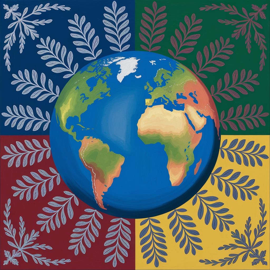 A painting of the Earth divided into four sections titled "W...