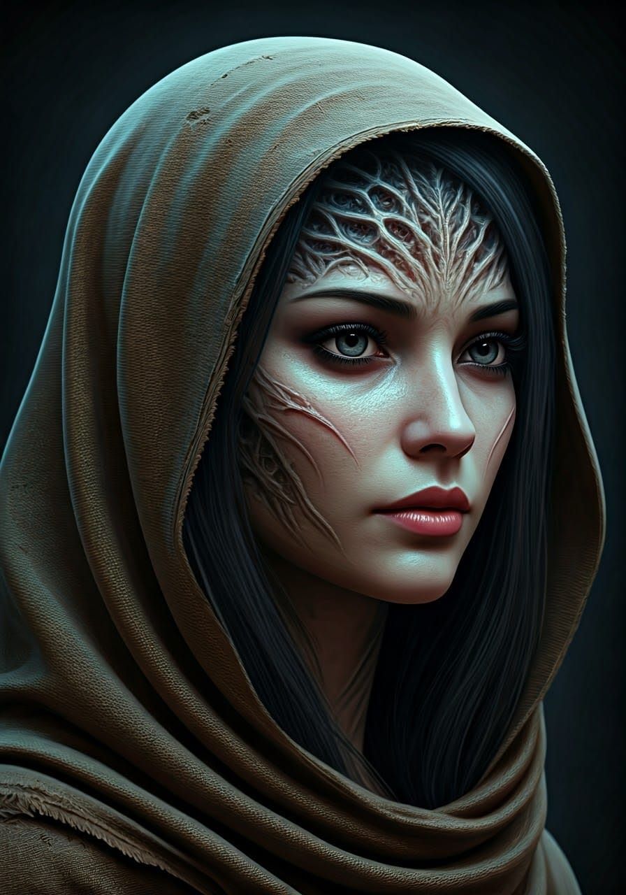 Ethereal Alien Goddess in Earthy Brown Cowl