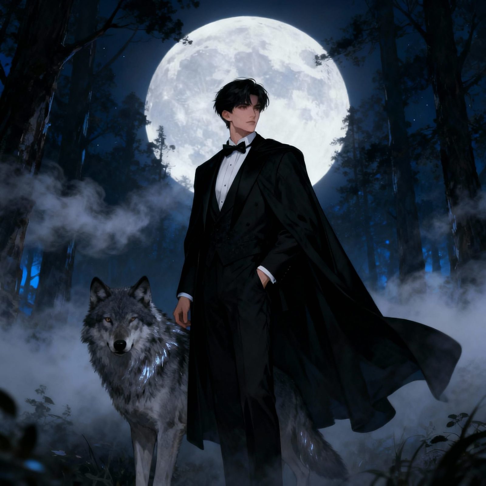 Handsome Man in Tuxedo and Cape with Wolf on Misty Night