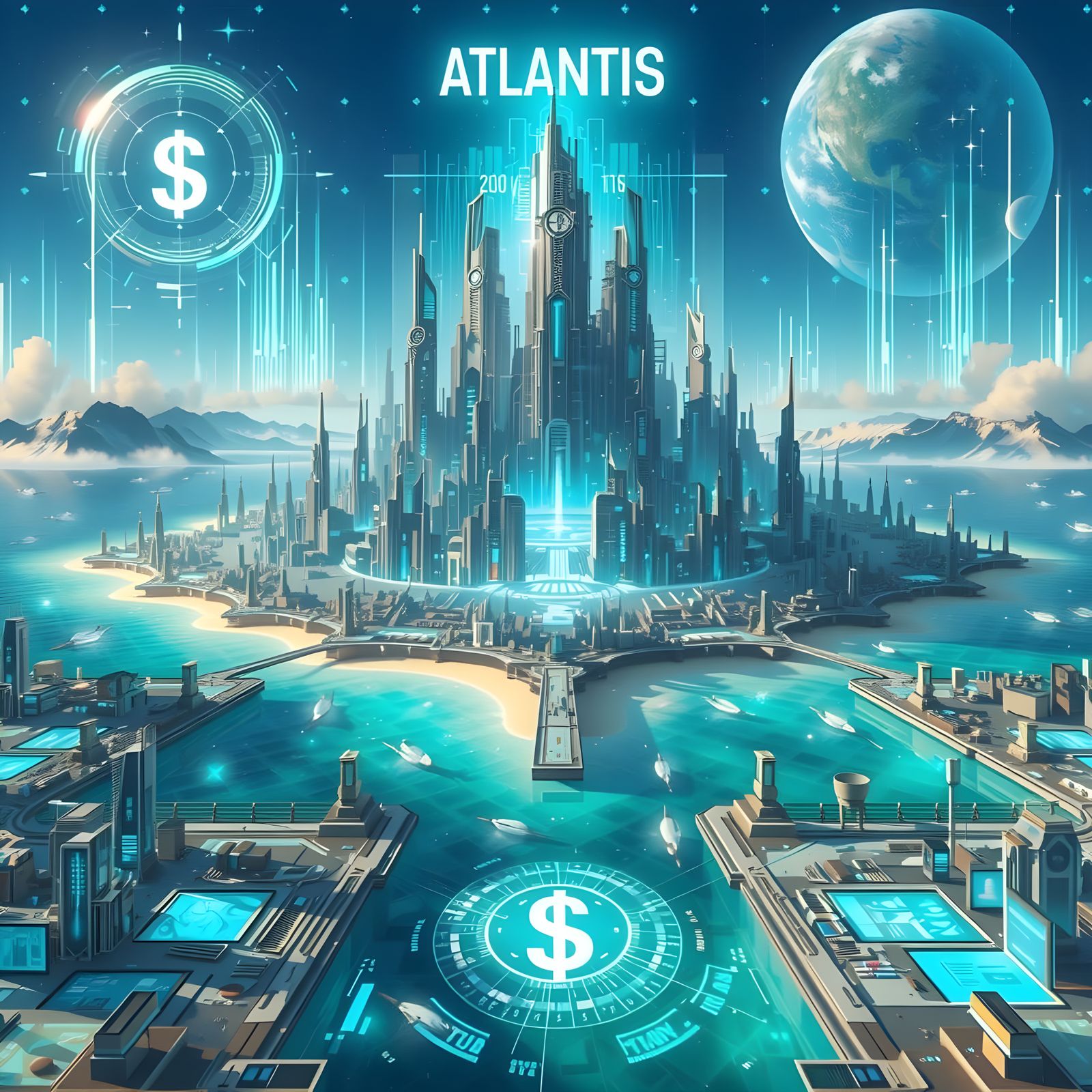 Future Atlantis Cityscape in Cyberpunk Style