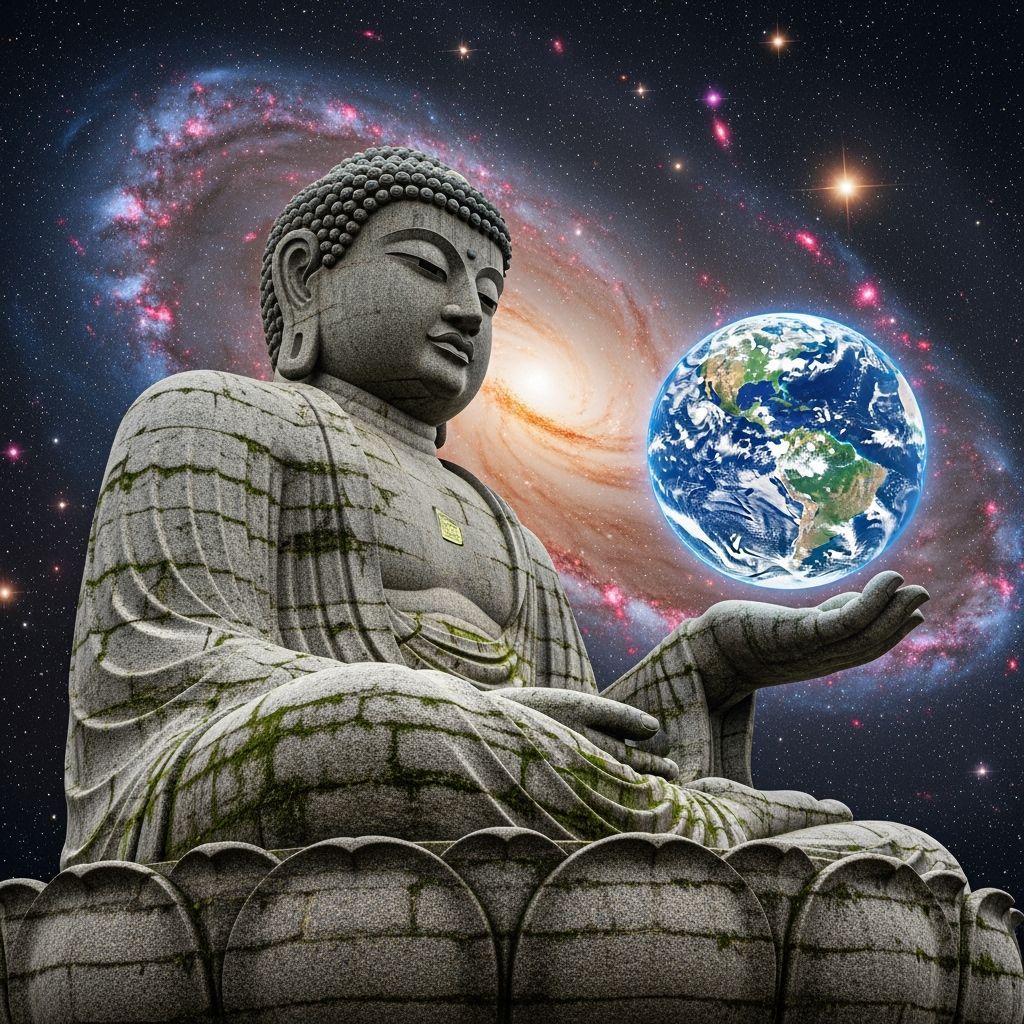 Gigantic Buddha Statue Holding Earth Amidst Galaxies