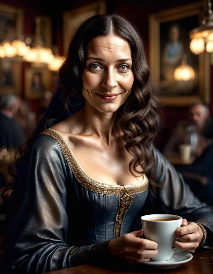 Beautiful Woman Smiling in Cafe: Hyperrealistic Portrait