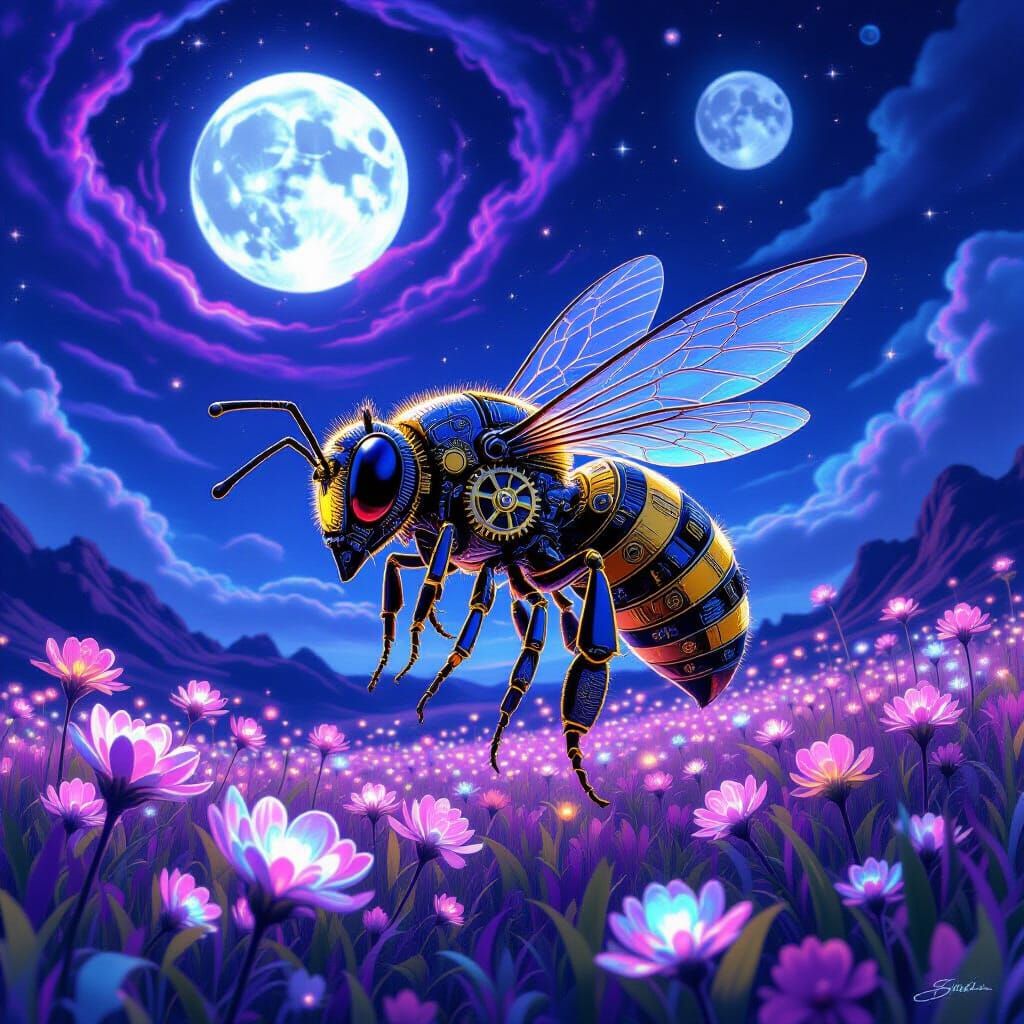 Mechanical Bee Over Alien Flora in Nebula Sky