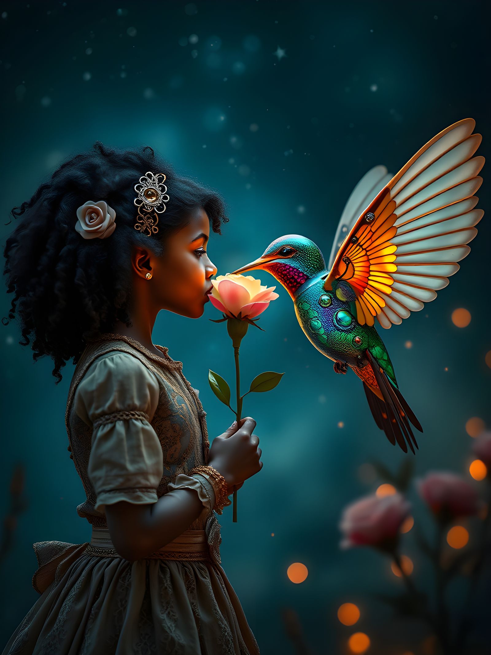 Steampunk Hummingbird and Girl with Flower
