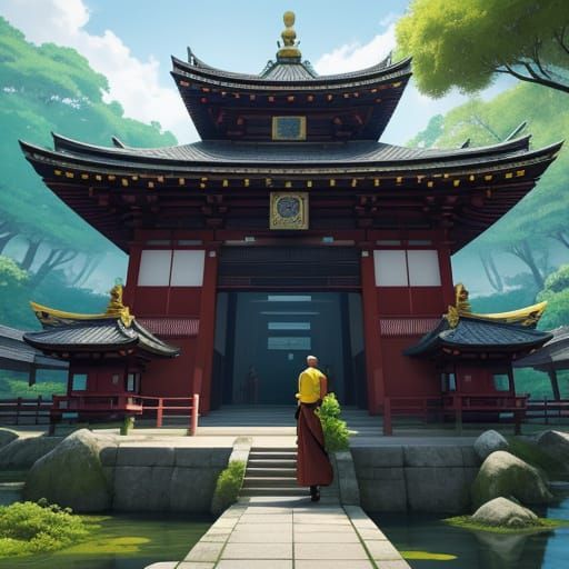Buddhist temple Masterpiece, Best Quality, flat, Manga Scan, Anime, cinematic lighting, drawn Art, by Studio Trigger, cl...