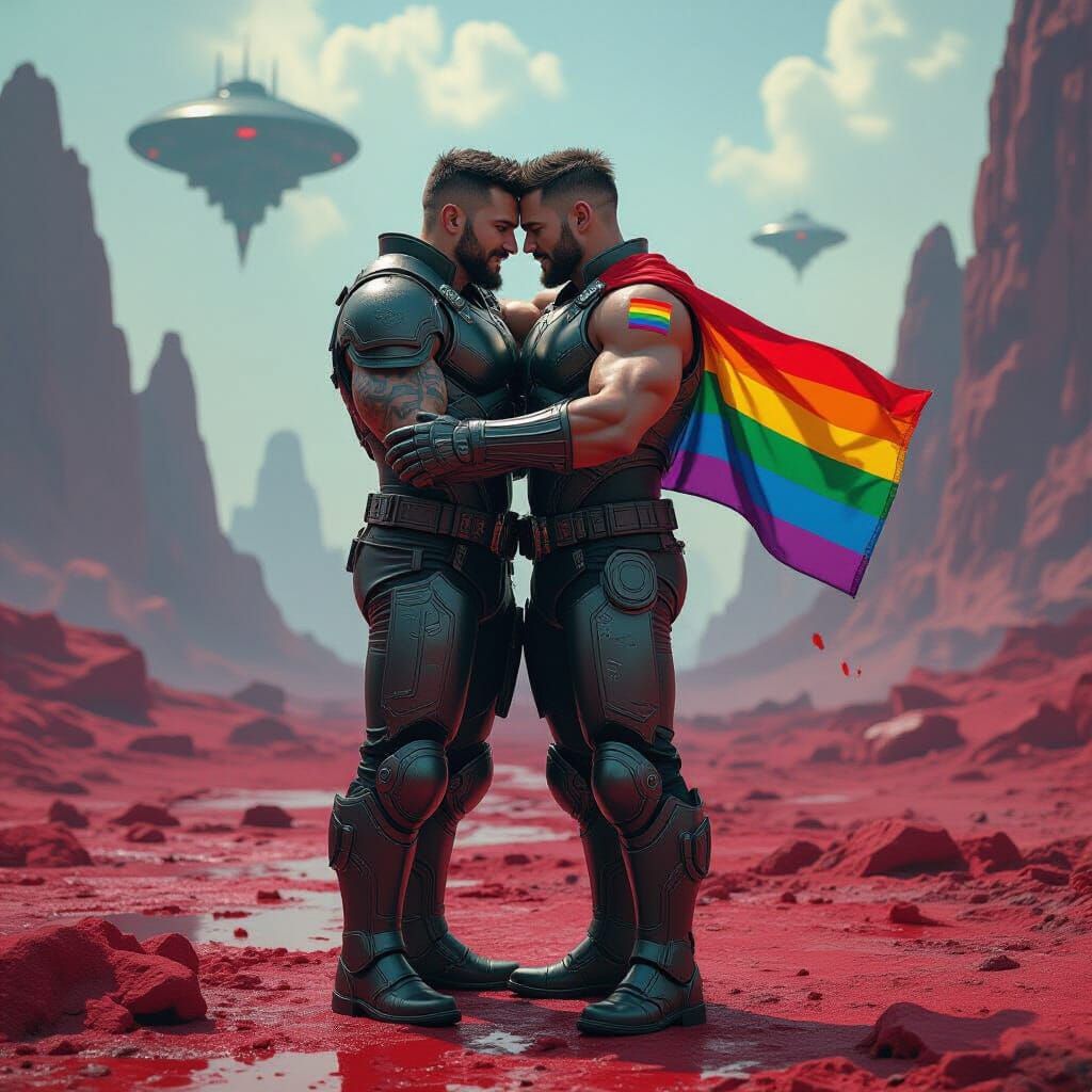 Futuristic Warriors Embrace on Alien Battlefield