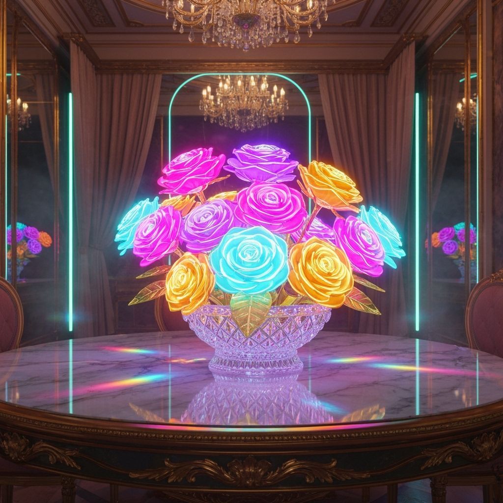 Futuristic Neon Roses in Crystal Basket