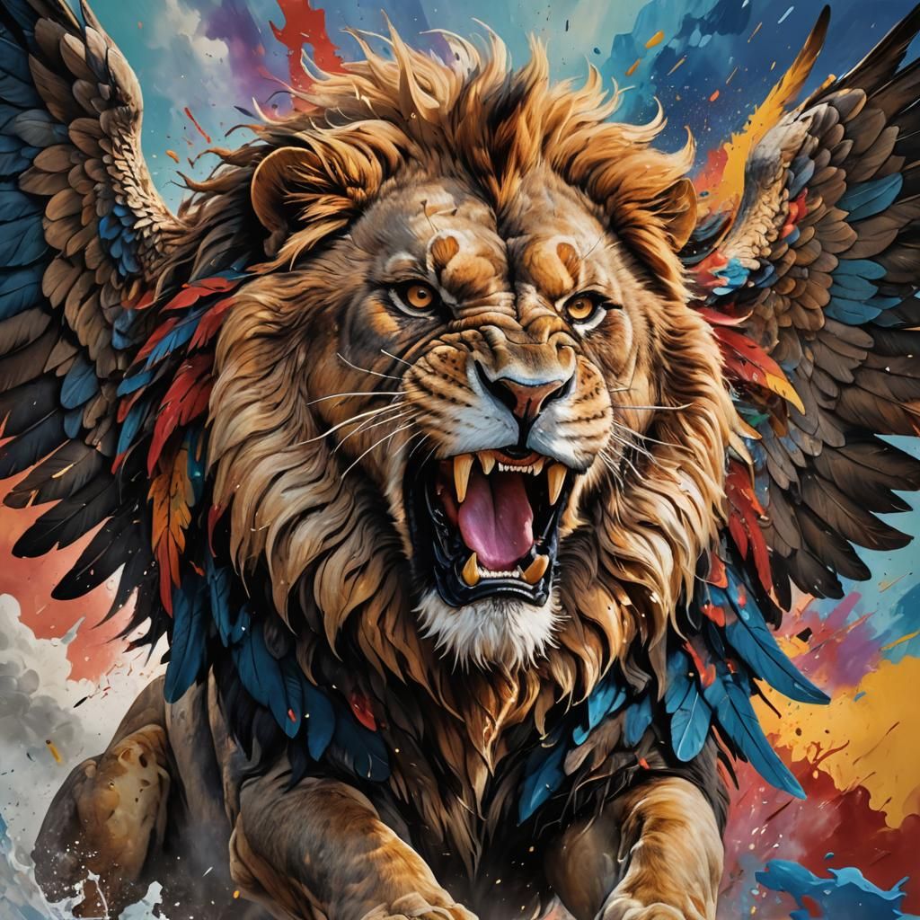Roaring Lion with Eagle Wings in Splash Art