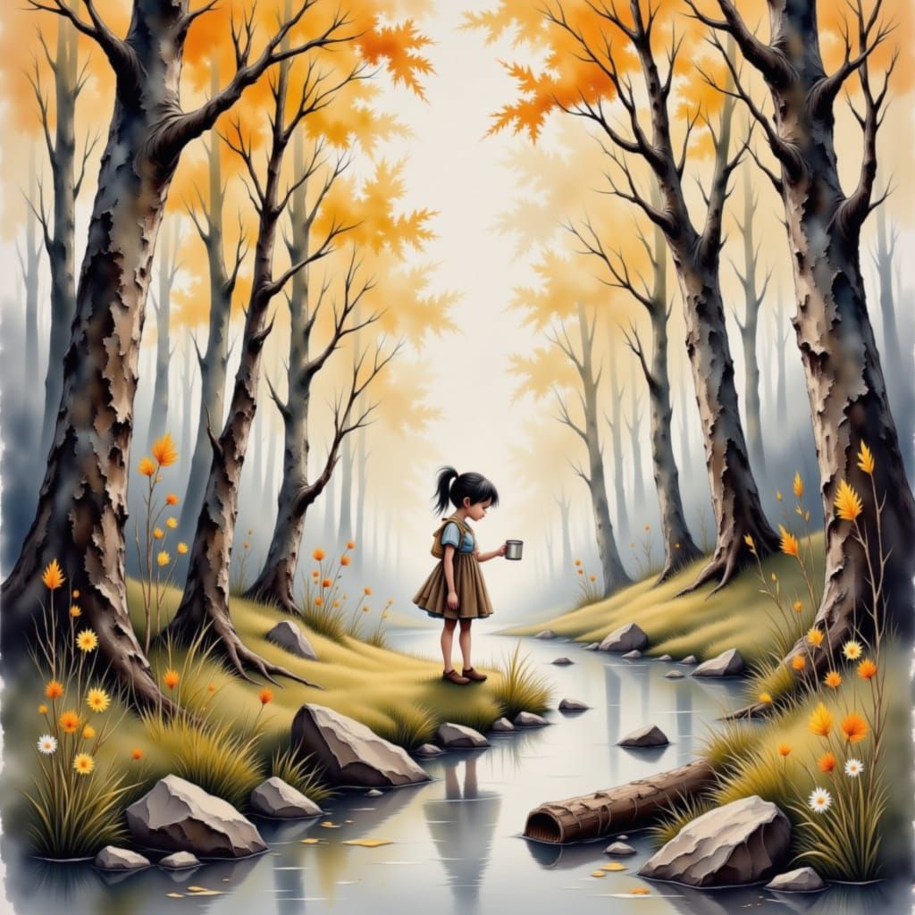 Starving Girl Eats Sardines in Misty Forest Clearing