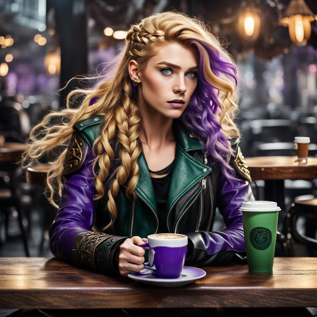 Valkyrie with Viking Features Drinking Coffee