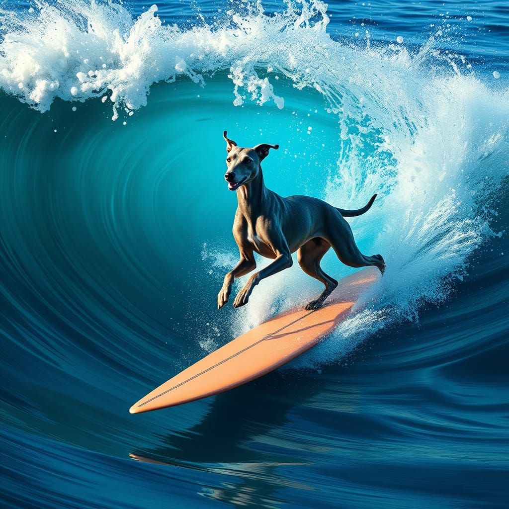 Greyhound Dog Rides Surfboard in Pipeline