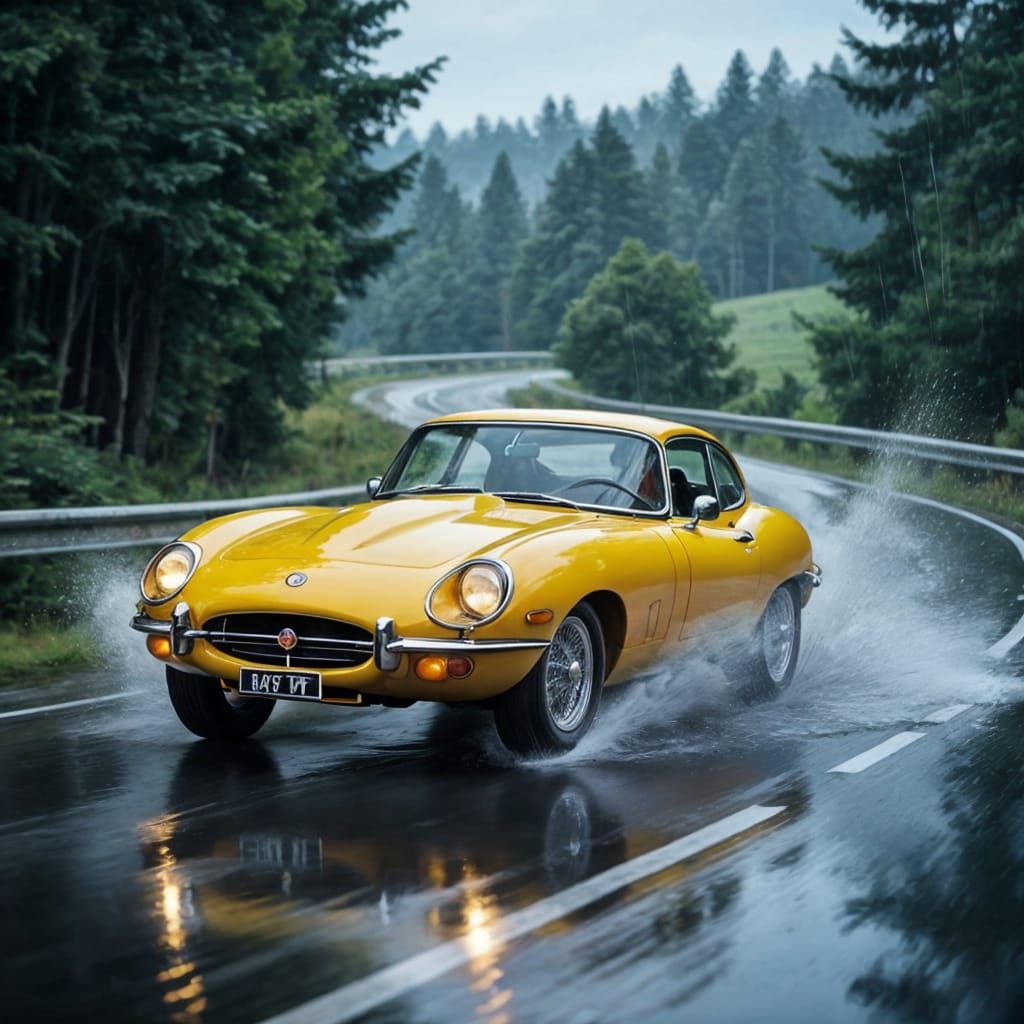 Yellow Jaguar E-Type Speeds Through Rainy Countryside
