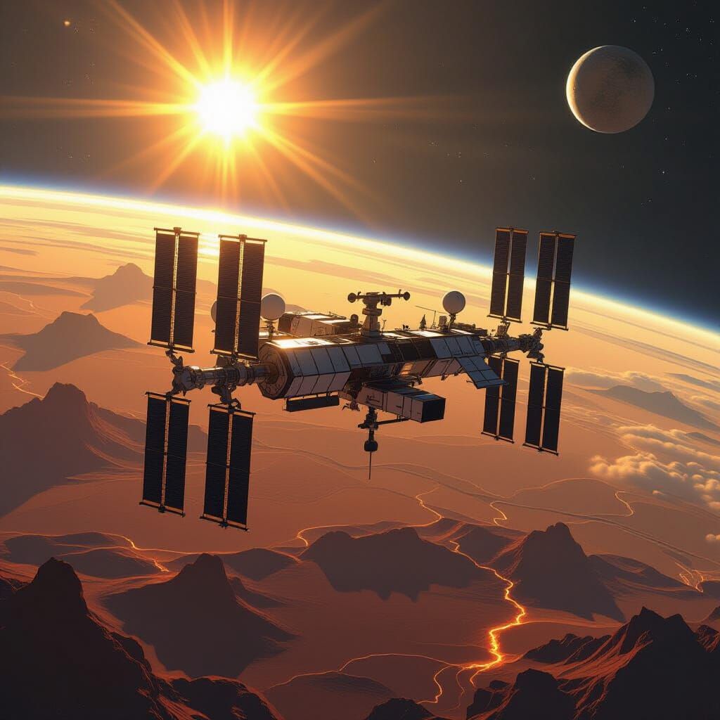 Futuristic Space Station Orbiting Venus in Sci-Fi Style