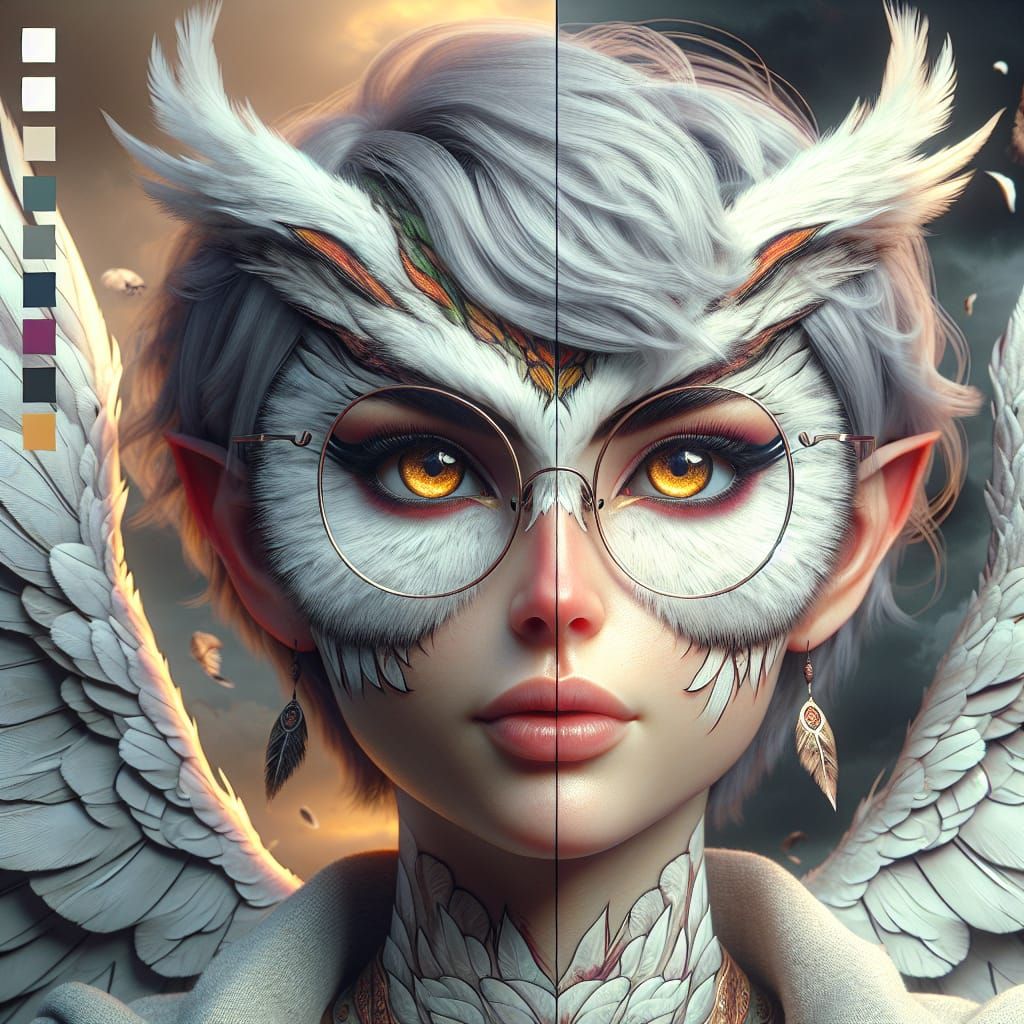 A female owl harpy with short white hair, glasses and golden...