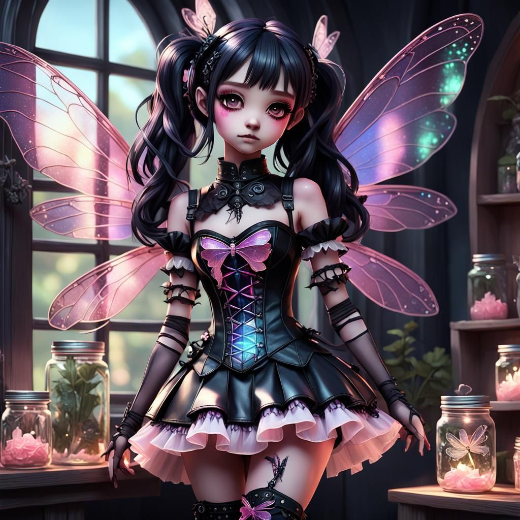 Gothic Fairy with Dragonfly Wings in Anime Style