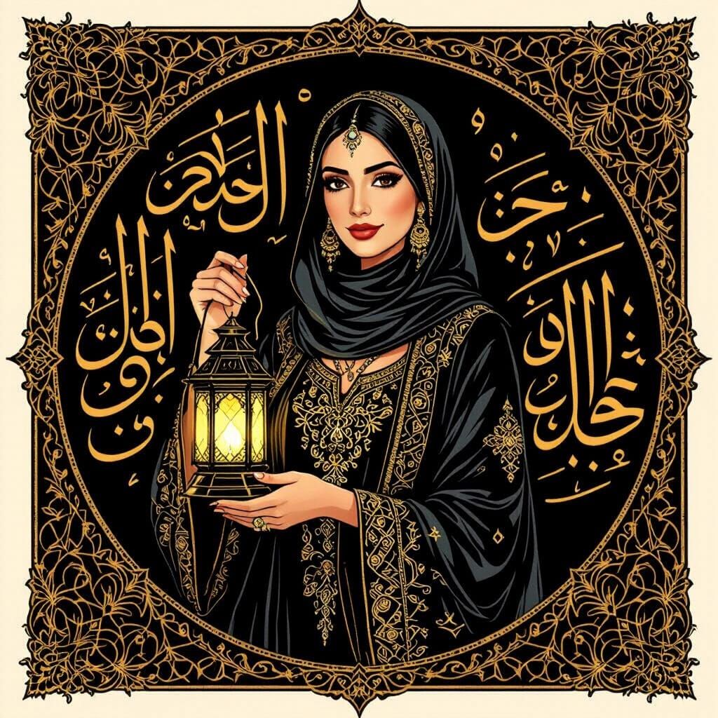 Elegant Woman with Arabic Calligraphy in Gold Ink
