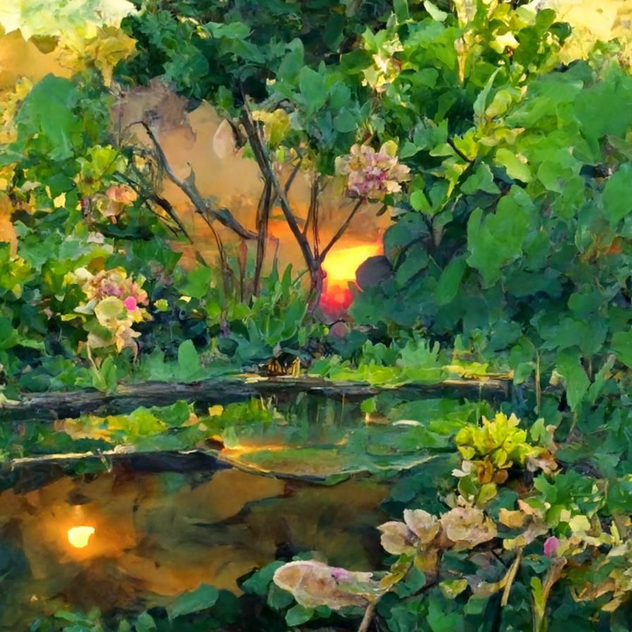 Sunset over a small pond with lots of surrounding flowers an...