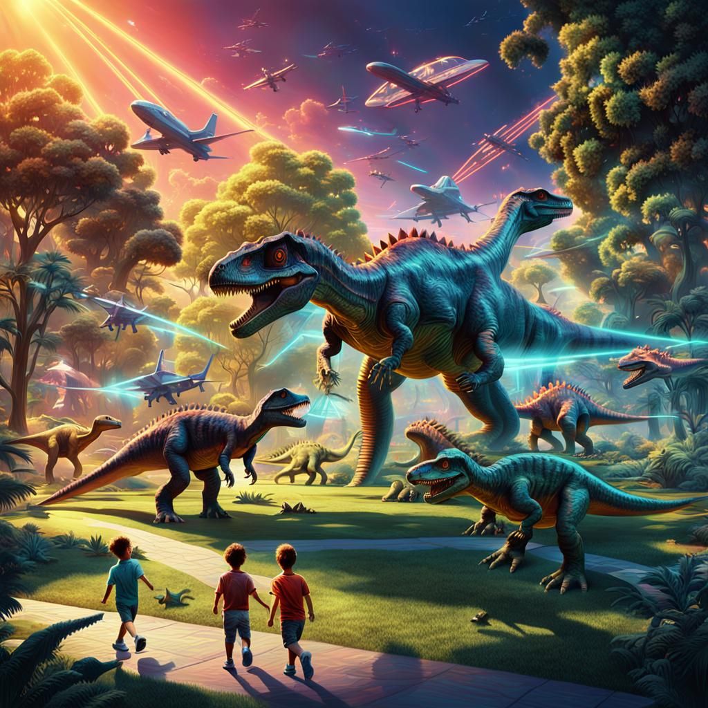 Dinosaurs and Planes in a Futuristic Park
