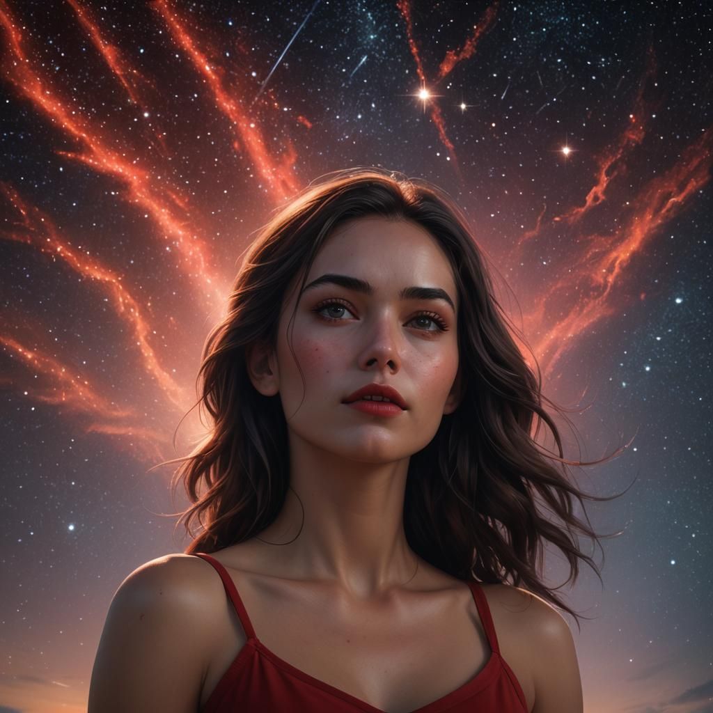 Beautiful Lady Gazing at Stars in Hyperrealistic Style