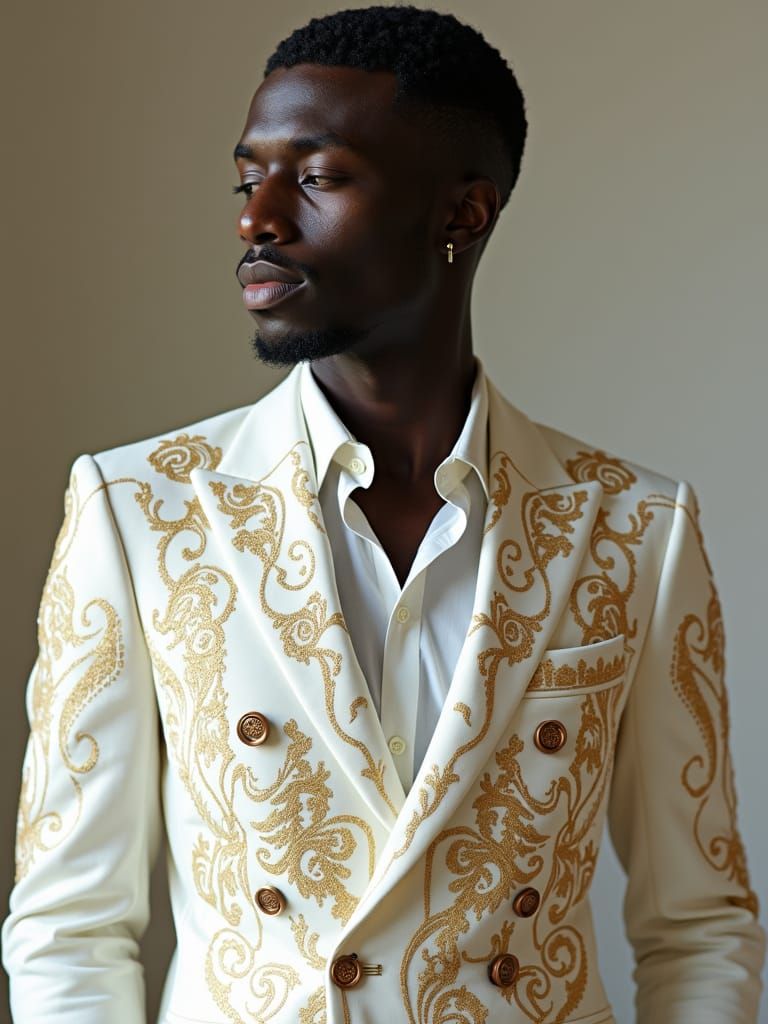 Elegant Black Man in Ornate Embroidered Velvet Suit