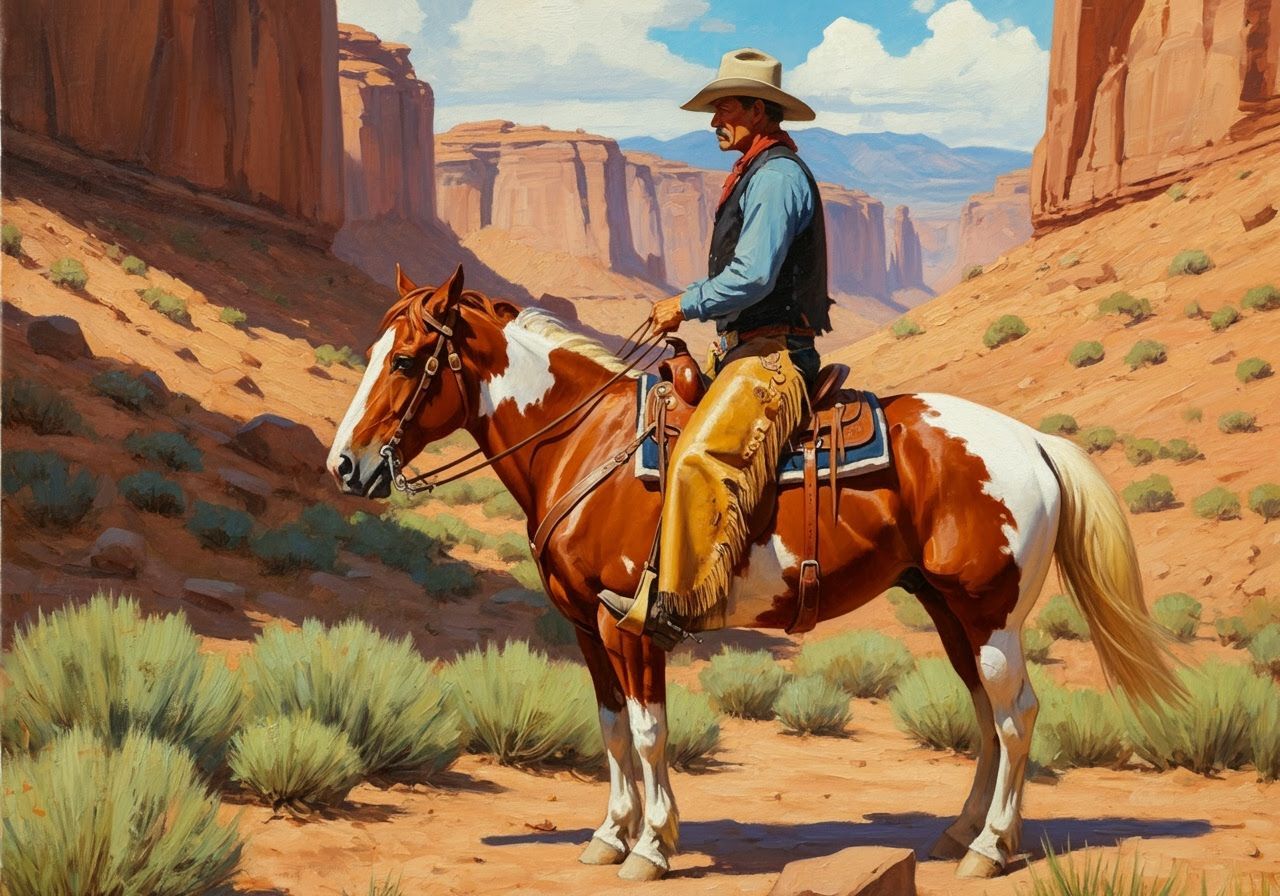 Cowboy on Pinto Horse in Desert Landscape
