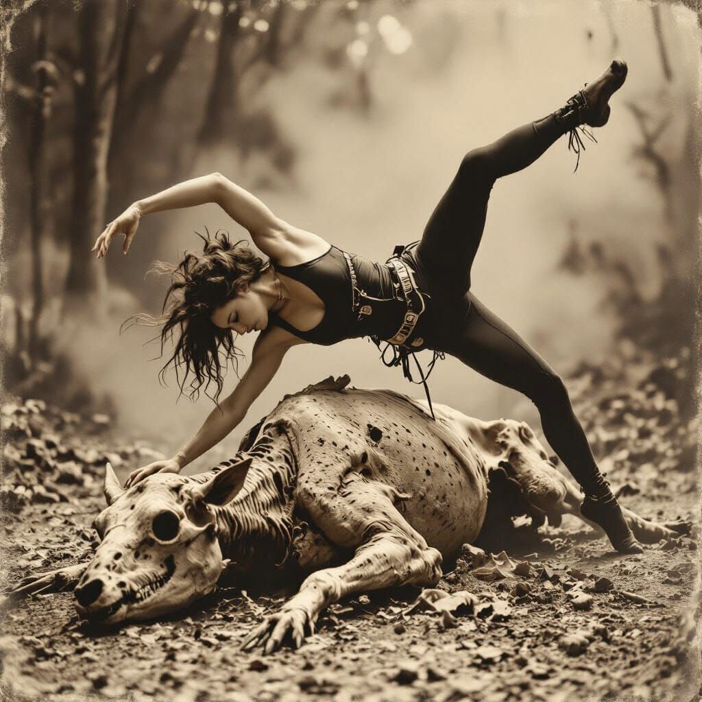 Contortionist Falls Over Carcass in Moody Sepia Photo