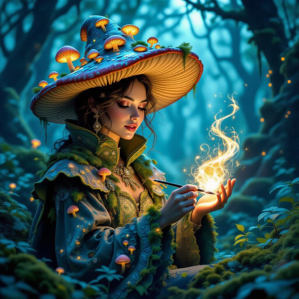 Whimsical Fantasy Artist in Mushroom Suit Conjuring Light