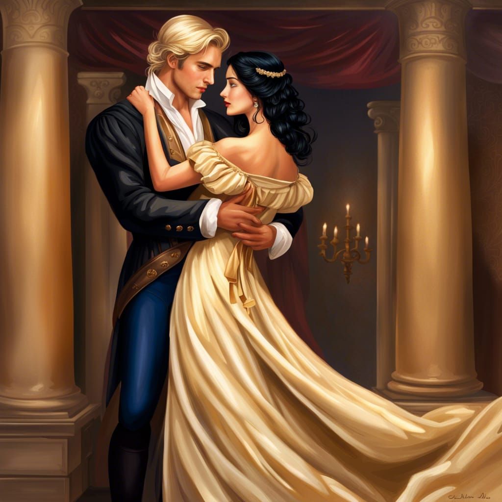 Romantic Embrace in Historical Setting, Realistic Portrait