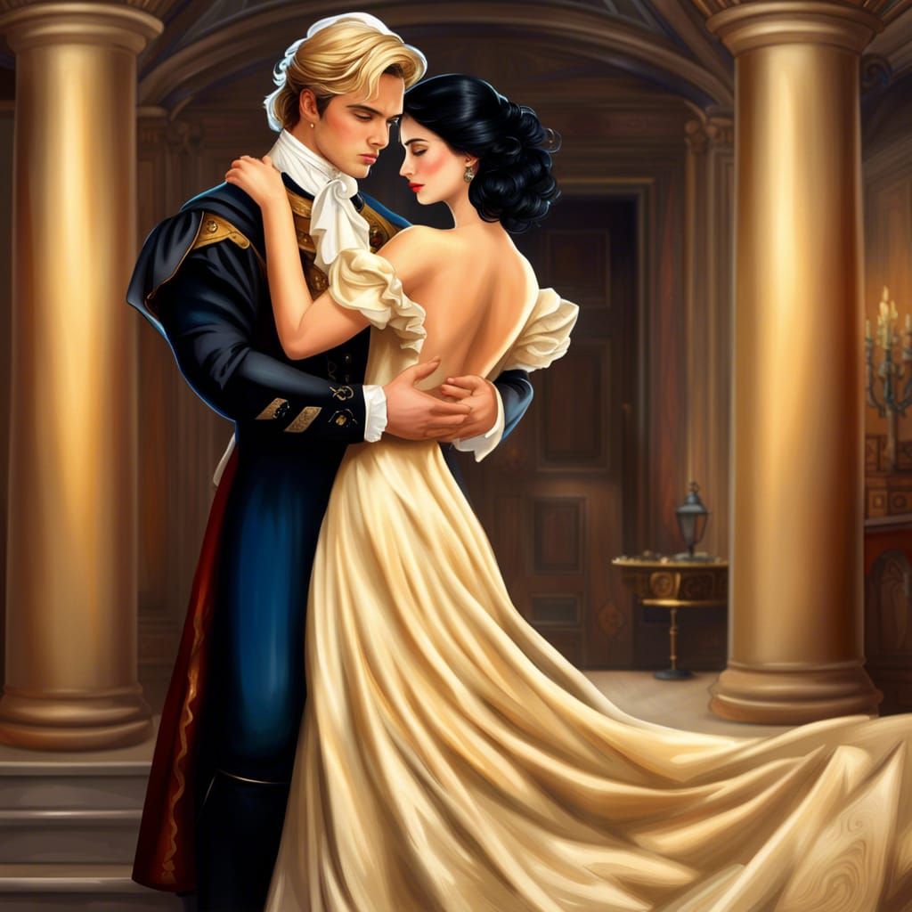 Romantic Embrace in Historical Setting, Realistic Portrait