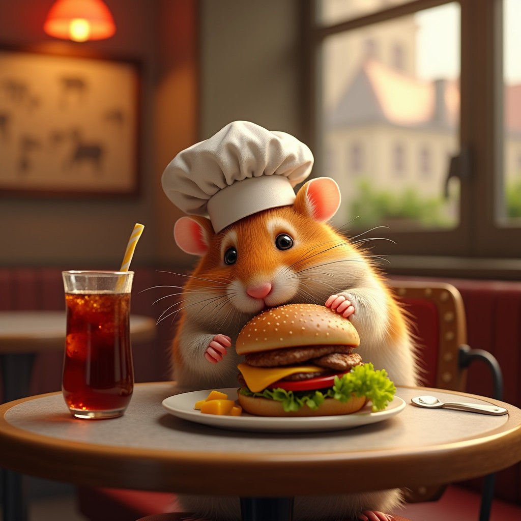 Hamster Chef Enjoys Cheeseburger in Parisian Bistro
