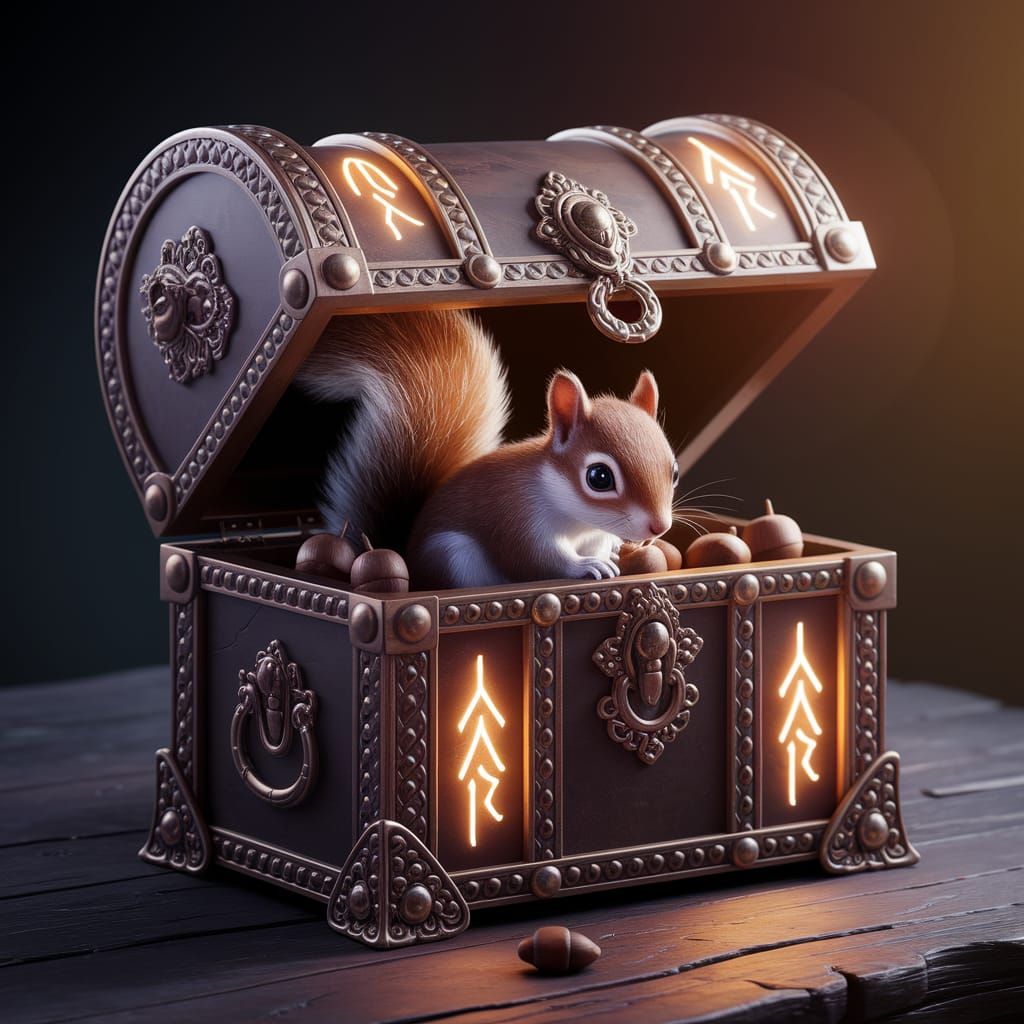 Squirrel Hiding Acorns in a Treasure Chest