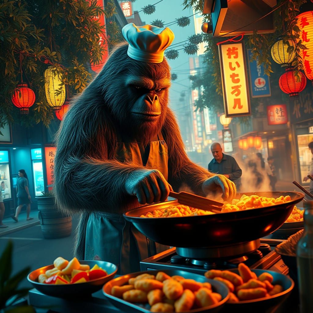 Sasquatch Chef Masterfully Flips Tempura in Neon Tokyo