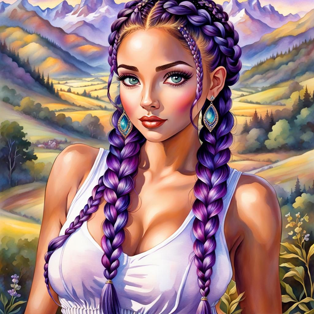 Watercolor Girl with Purple Braids in Landscape