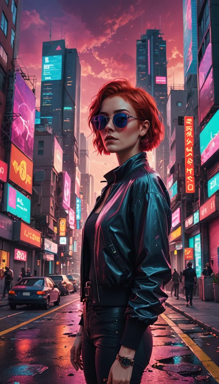 Red-Haired Woman in City, Synthwave Vaporwave Style