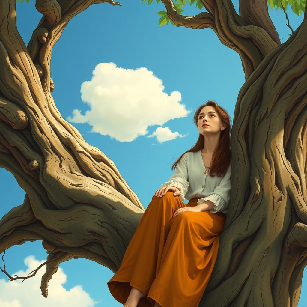Whimsical Woman in Hollow Tree Contemplates Cloudy Sky