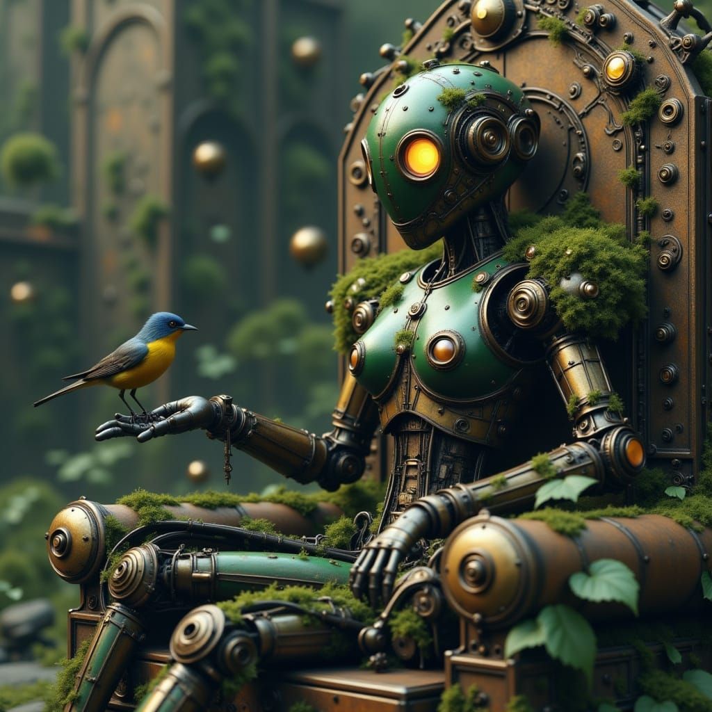 Steampunk Robot on Throne with Bird in Dark Fantasy