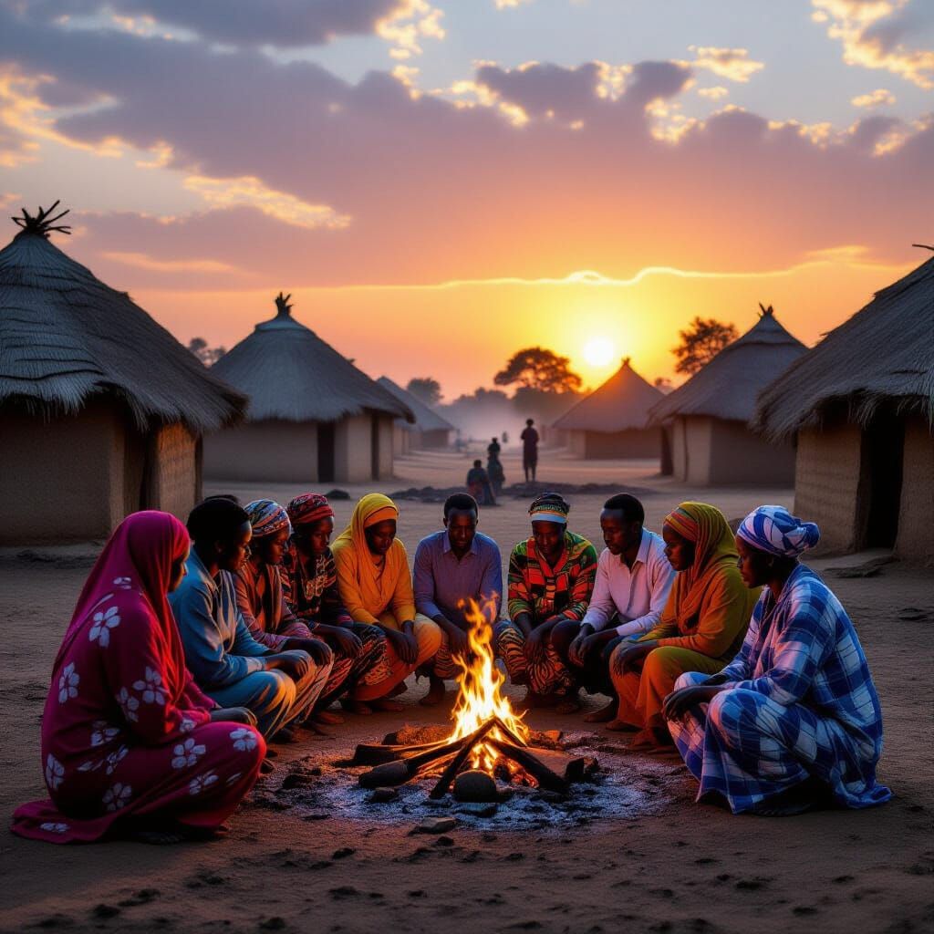 African Villagers Await Dawn: Inspired by Sudanese Art