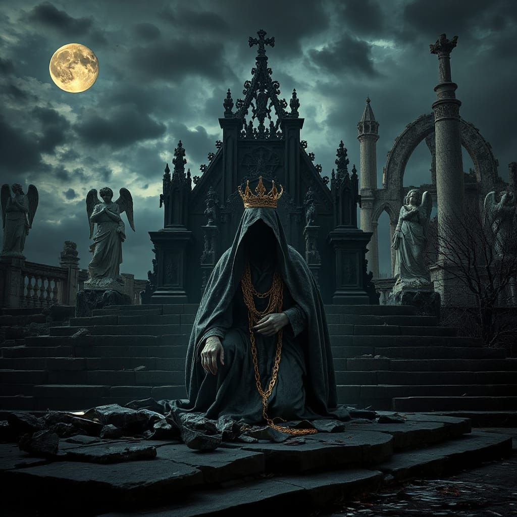 Ruined King Kneeling in Gothic Twilight
