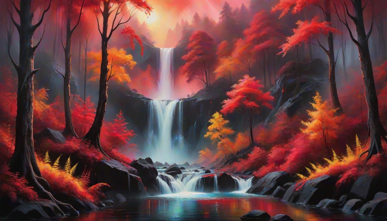 Surreal Landscape Unveiled by Fiery Waterfall in Vibrant Oil...