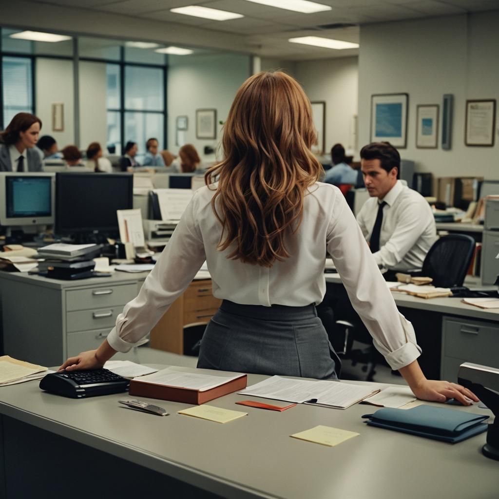 Office Secretary Bending Over Desk in Film Style