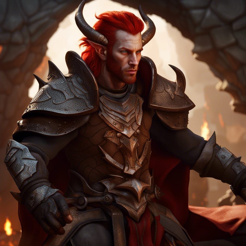 Tiefling Paladin with Red Hair, Fantasy Art