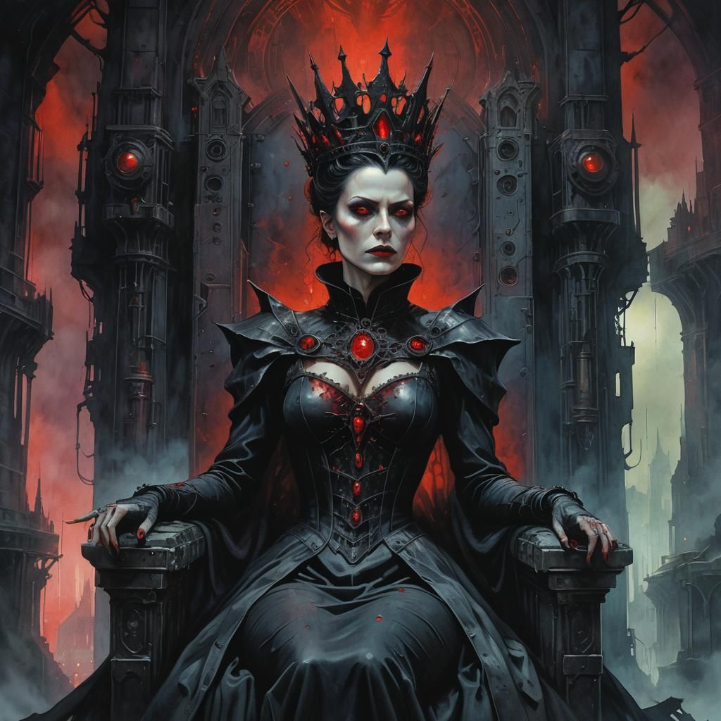 Evil Cyberpunk Queen on Throne in Sci-Fi Castle